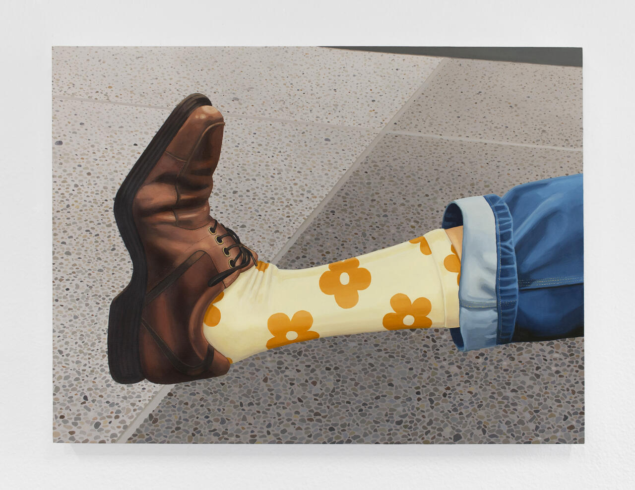 A painting of a leg above a concrete floor background with the end of a jean leg, a yellow flowered sock and a brown shoe.