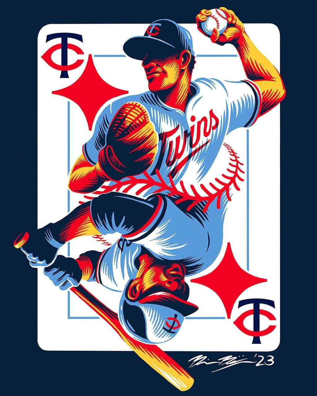 An image of a Minnesota Twins-styled card, with a pitcher and a batter on both ends.