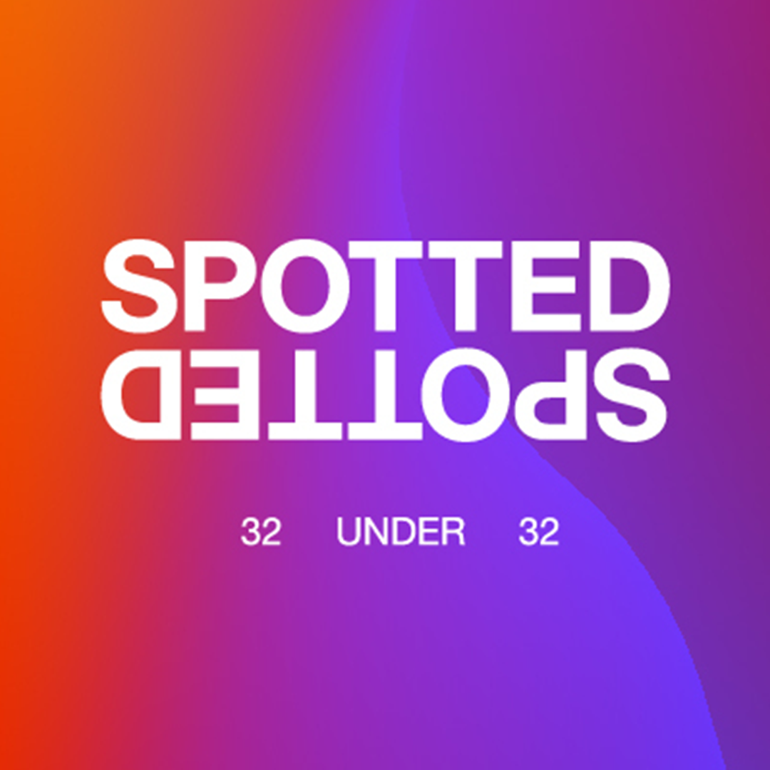 A promotional image for 32 Under 32, with "SPOTTED" printed twice, once normal and once upside-down.