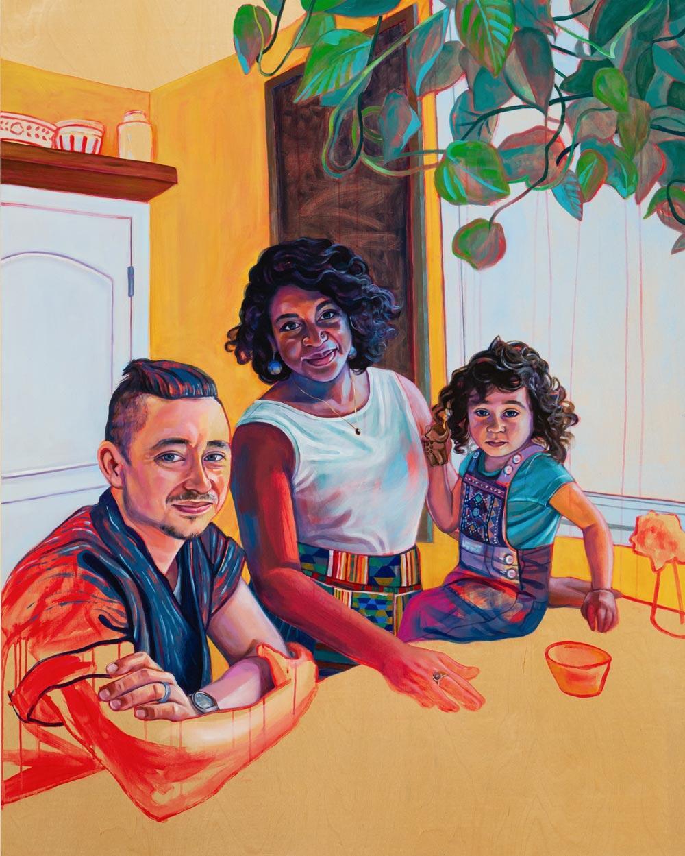 Leslie Barlow, Nicole and Seth and their daughter (and daughter to be), in the kitchen, Oil and acrylic on panel, 60" by 48"