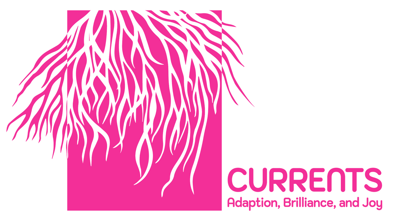 A graphic 2D pink image of roots, with the text "CURRENTS: Adaption, Brilliance, and Joy" beside it