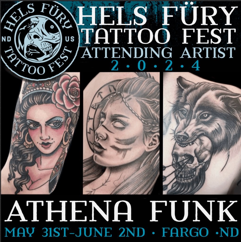 An image of Athena Funk's tattoo artwork as part of promotion for the Hel's Fury Tattoo Fest.