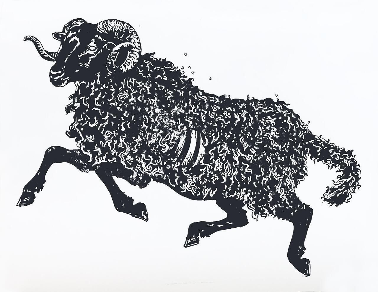 Jamie Kubat print post digital black ink on white paper of a horned animal