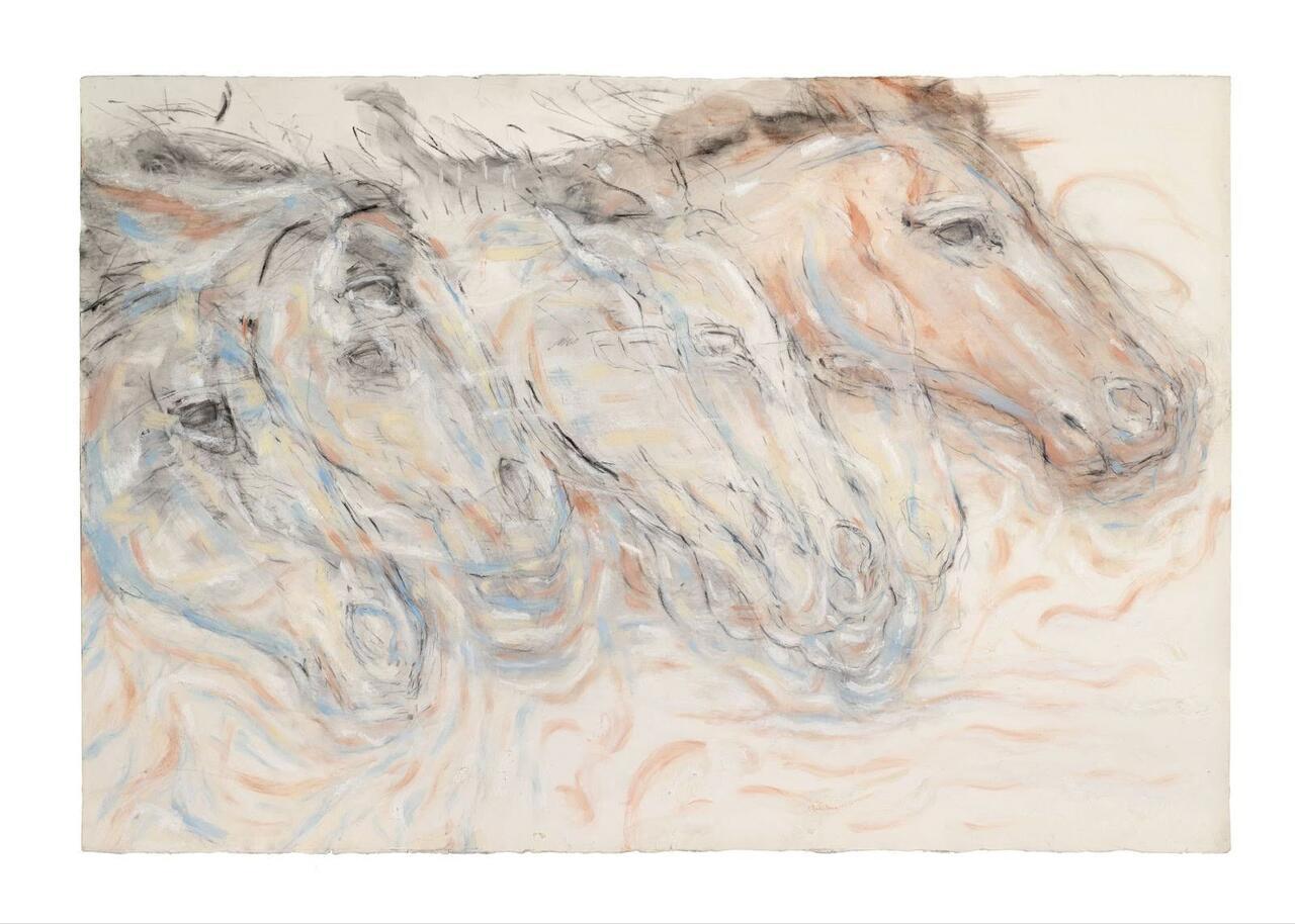 A light abstract drawing of horses.