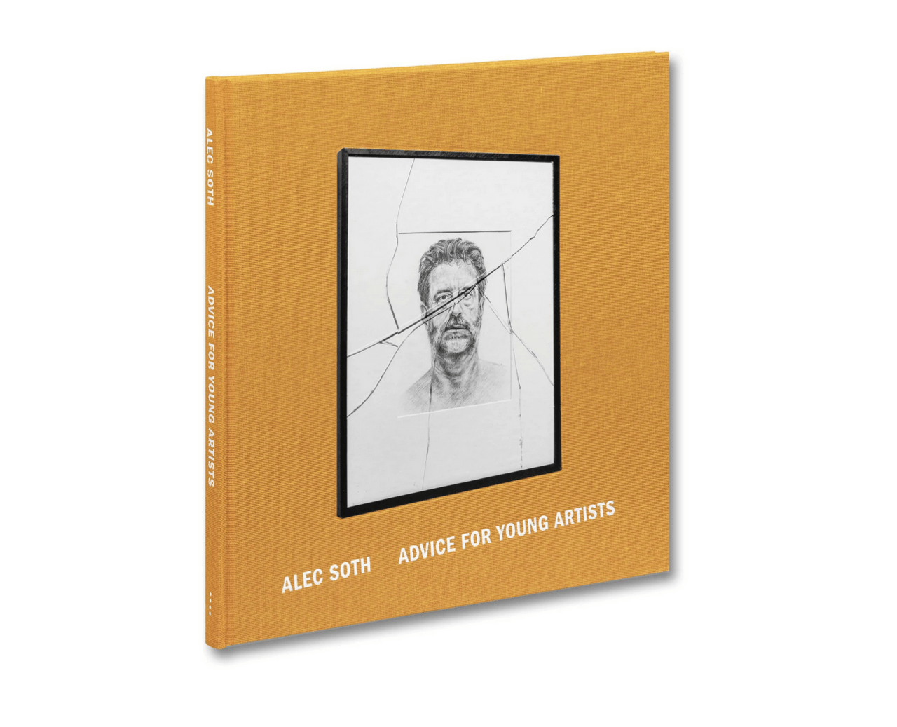 A slightly tilted photgraphy of the cover Alec Soth's book "Advice fr Young Artists. The cover is an orangei-sh yellow, with a framed graphite portrait of Alec Soth that's been cracked, and the title in white at the bottom.