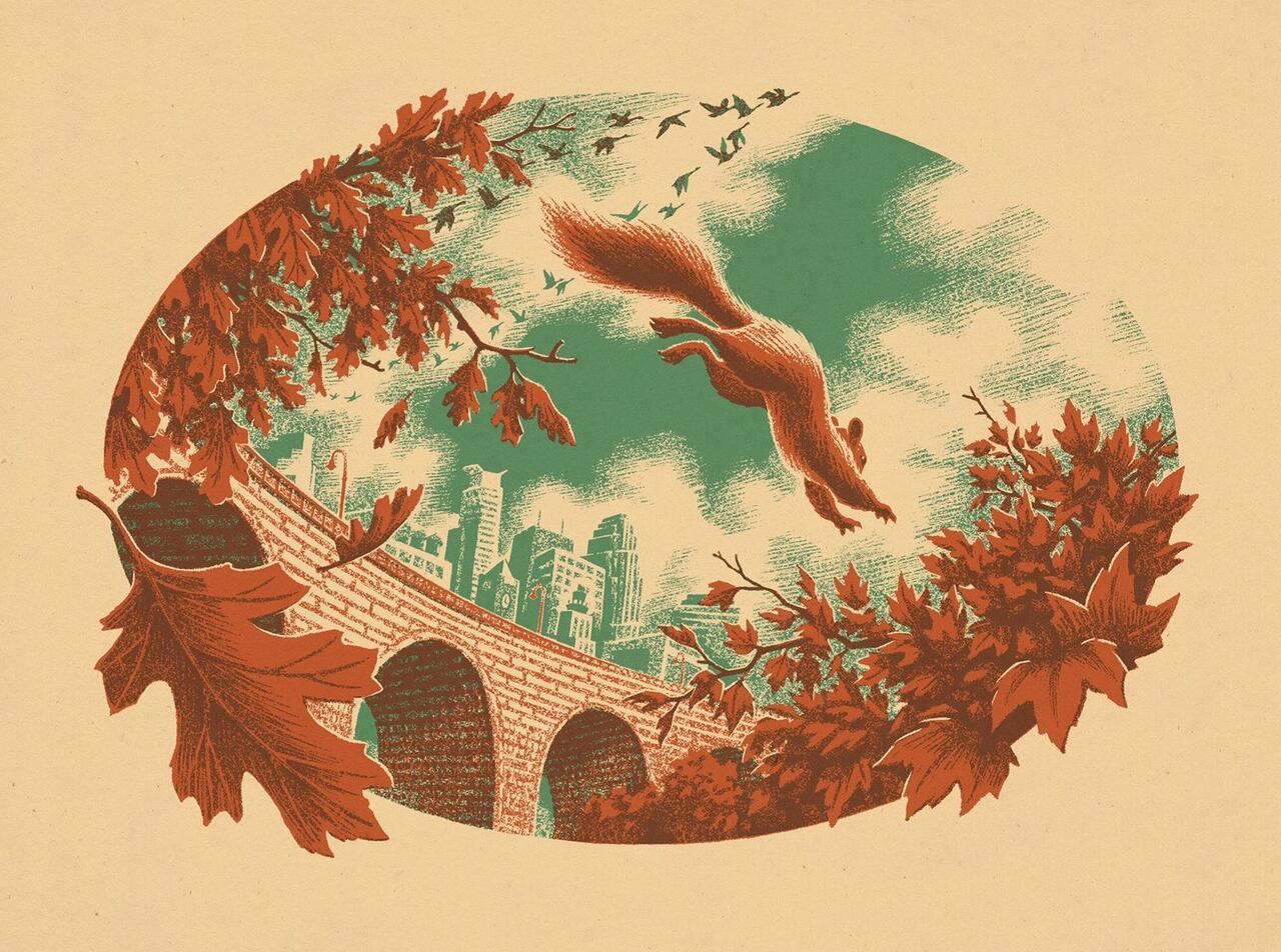 A grainy textured illustration of a squirrel jumping across a brick bridge with the Minneapolis skyline in the background and autumn leaves floating around,