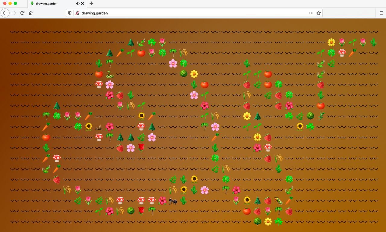 A screenshot of the digital website drawing.garden. It includes a brown background with squiggles, and various nature based emojis.