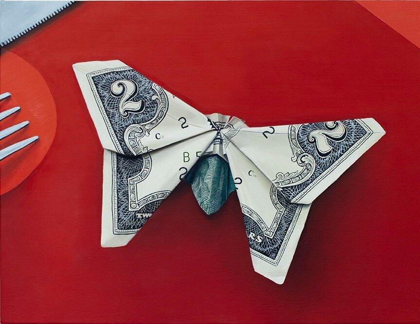 Two Dollar by Sara Suppon. It's an oil painting of an orgagmi butterfly made out of a two dollar bill on atop of a red table cloth, with the end prongs of a fork barely poking into the left of the frame.