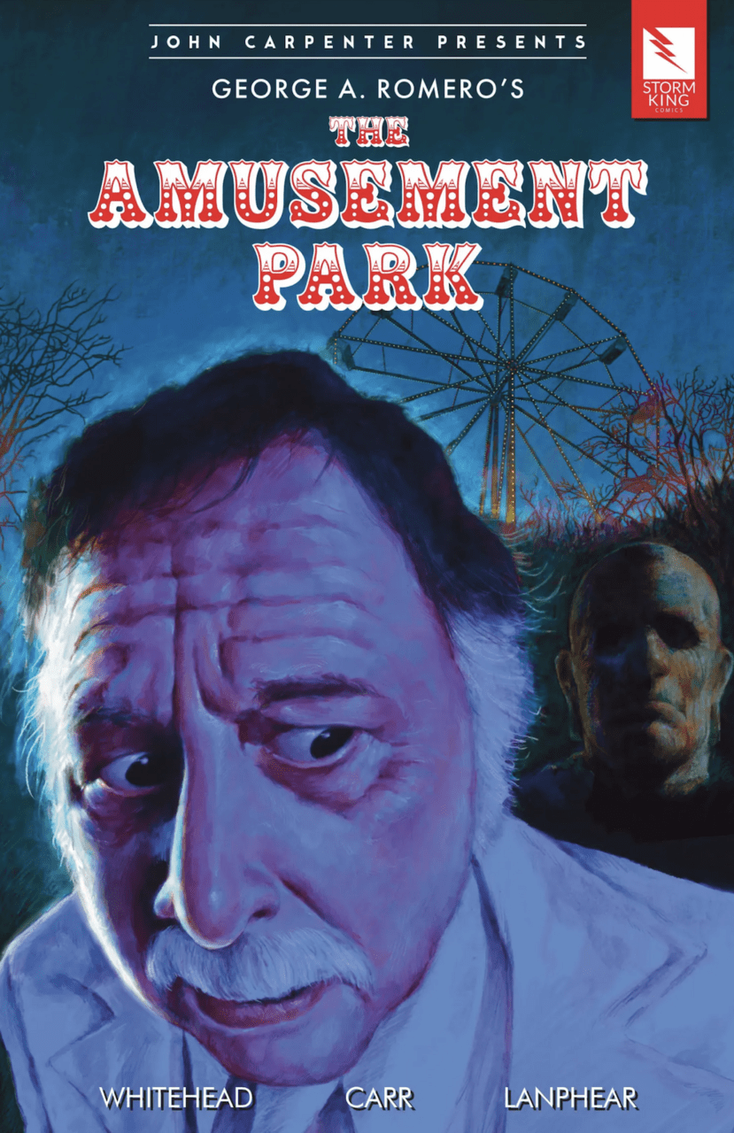 The cover for graphic novel adaptation of The Amusement Park. To the left is a distressed old man's face, and over his shoulder to the right a shadowed face. In the back ground is a large ferris wheel.