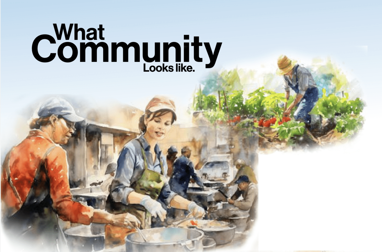 The Cover of Bevan D. Suits's guidebook "What Community Looks Like." The cover features a blue to white radient top to bottom, with some water color illustration graphics of people gardening.