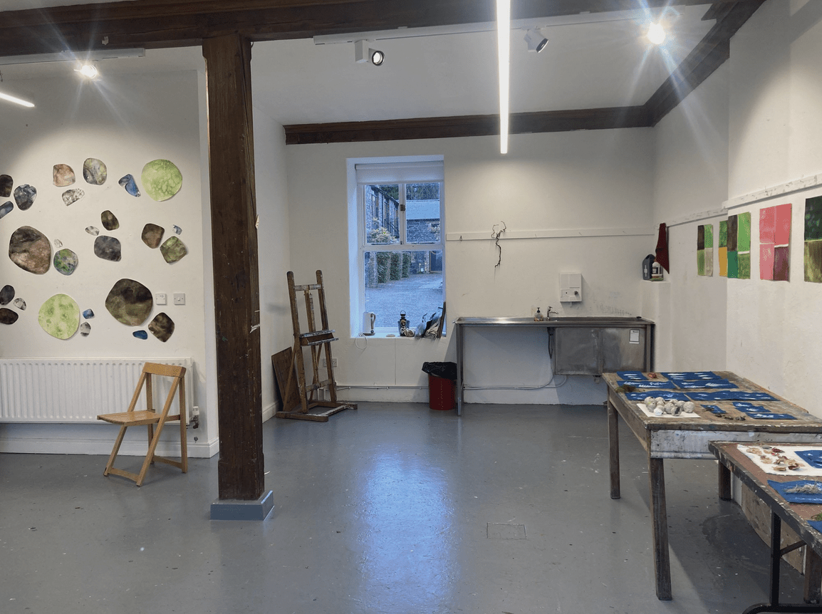 An interior photo of Ann Tracy's studio at her Tyrone Guthrie Centre at Annaghmakerrig residency.