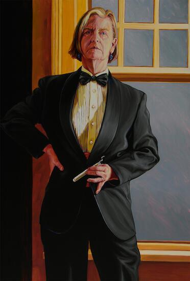 Patricia Olson, Self-Portrait at 60 [after Beckmann], 2011, oil on panel, 55 in. x 37 in.