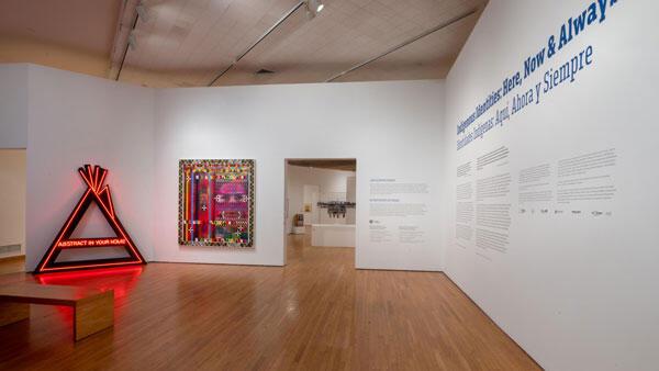 An interior shot of the exhibition "Indigenous Identities: Here, Now & Always" at the Zimmerli Art Museum.