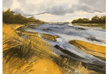 Watercolor landscape painting of the Platte River in Nebraska